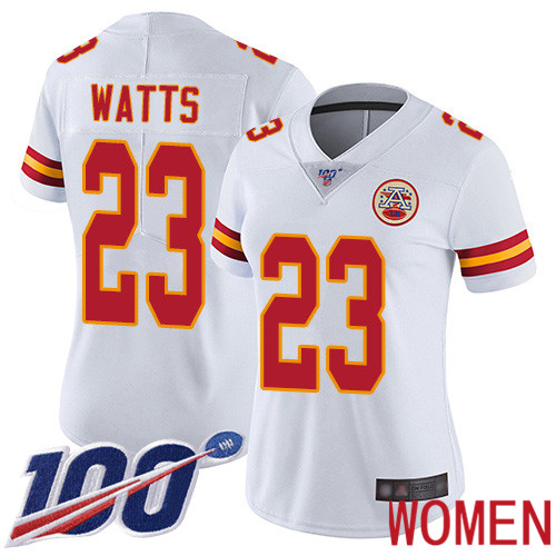 Women Kansas City Chiefs #23 Watts Armani White Vapor Untouchable Limited Player 100th Season Football Nike NFL Jersey->women nfl jersey->Women Jersey